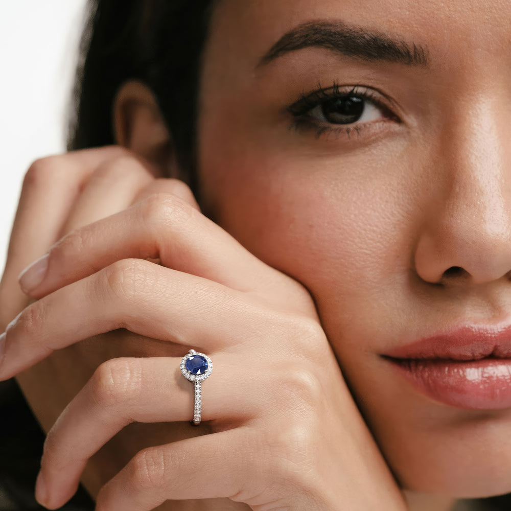 Halo Sapphire 0.75ct And Diamond 0.36ct 18K White Gold Ring