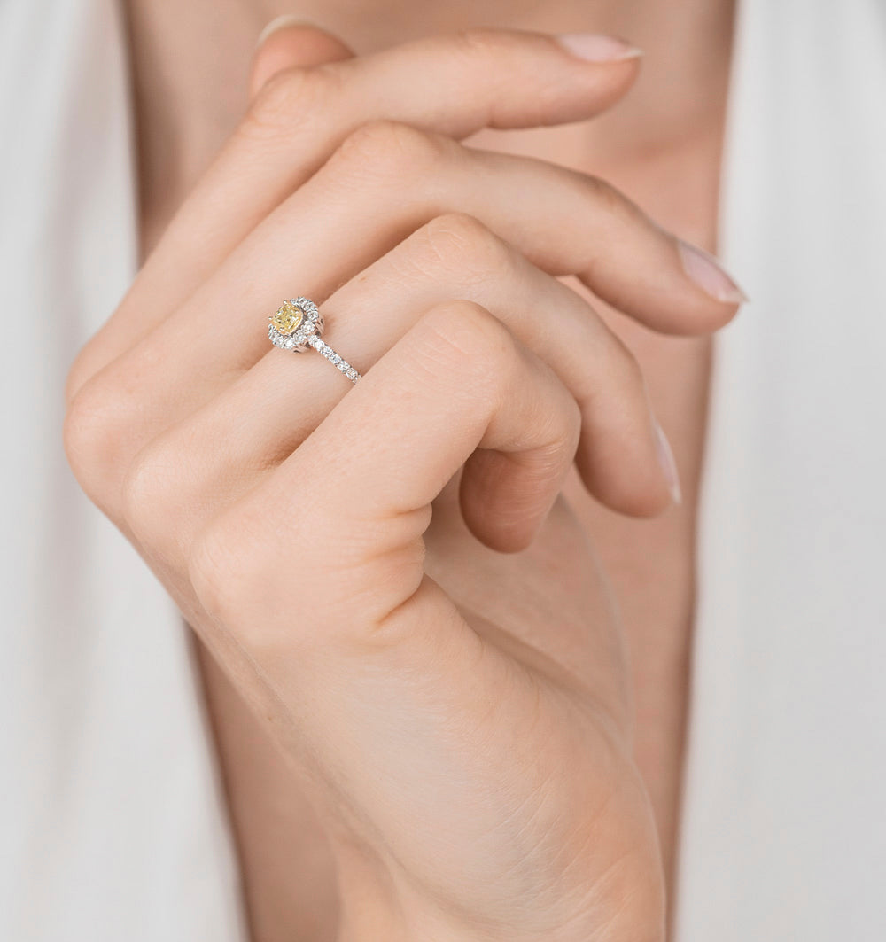 Alicia Yellow Diamond Halo Engagement Ring 0.55ct in 18K White Gold