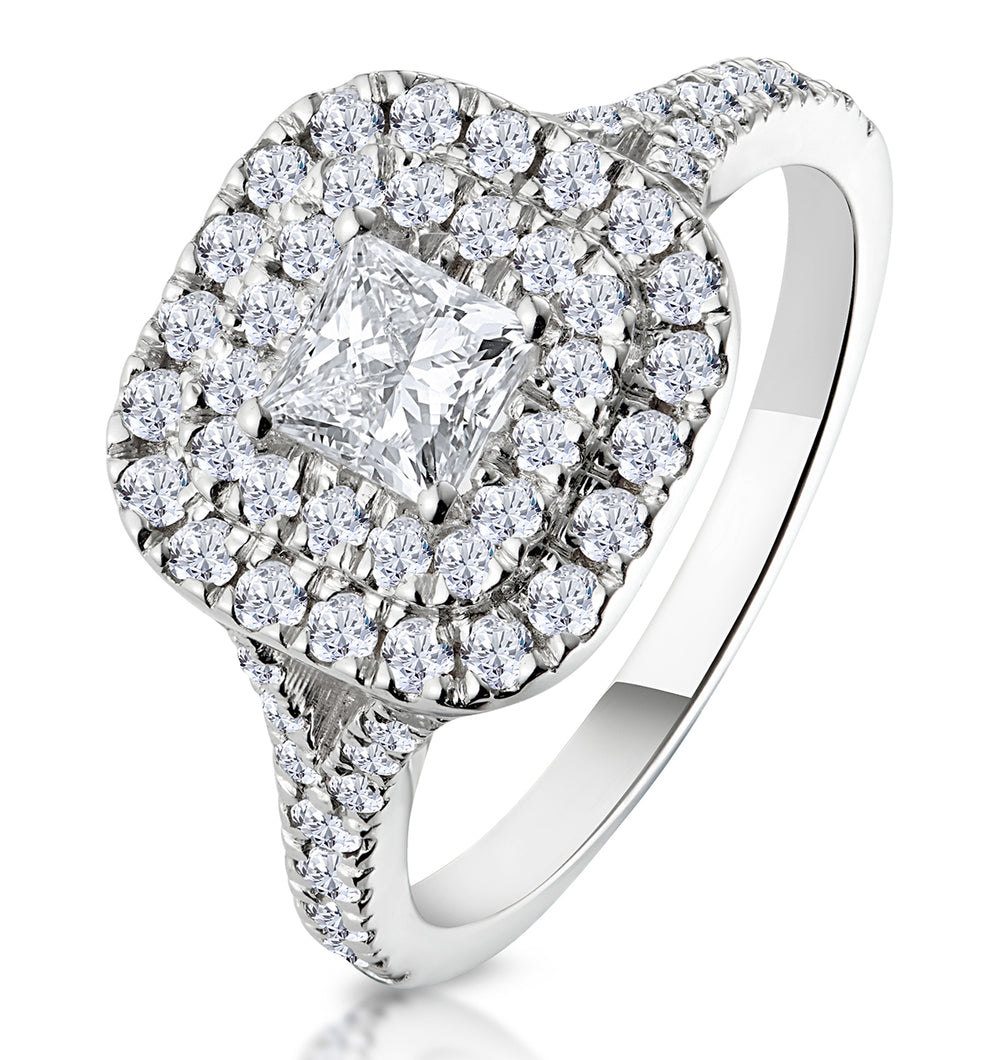 Cleopatra Diamond Halo Engagement Ring 18K White Gold 1.20ct G/SI1