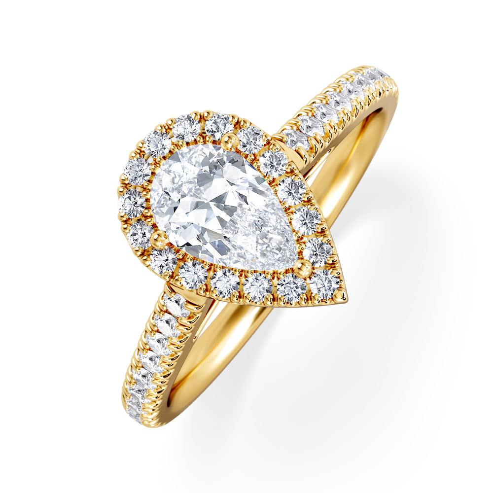 Diana GIA Diamond Pear Halo Engagement Ring in 18K Gold 1.35ct H/SI