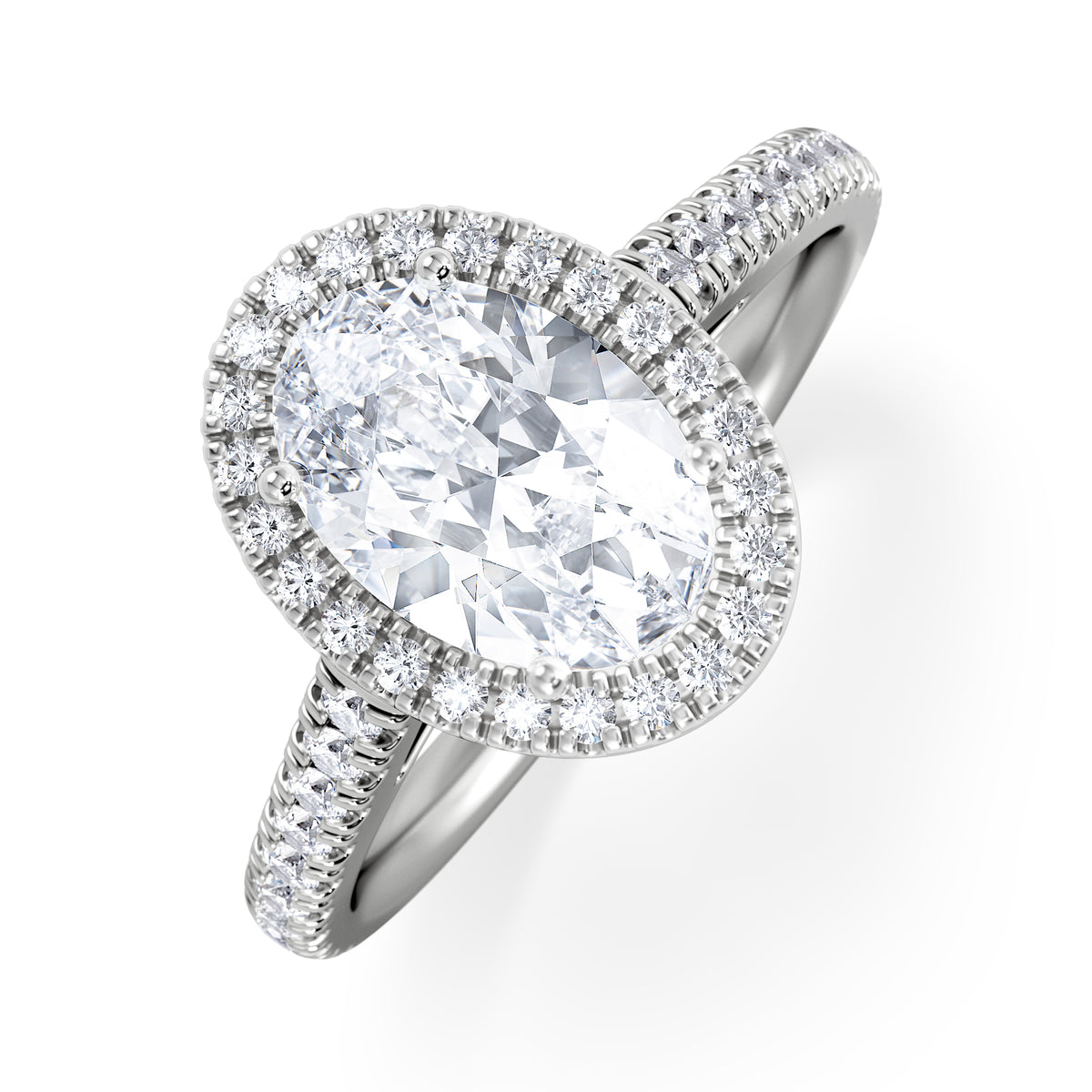 Georgina Lab Oval Diamond Halo Engagement Ring 18K White Gold 2.05ct F/VS1