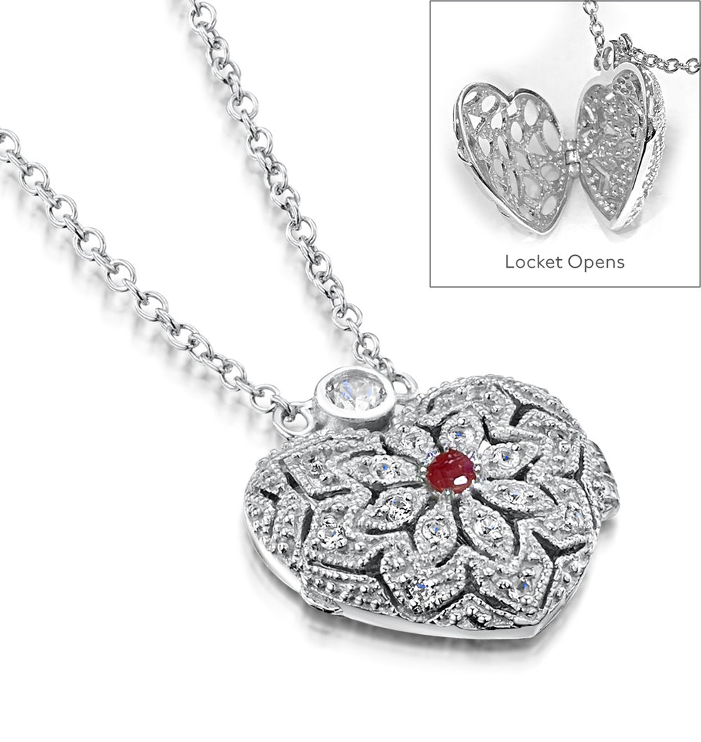 Ruby July Birthstone Vintage Locket Necklace and White Topaz in Silver