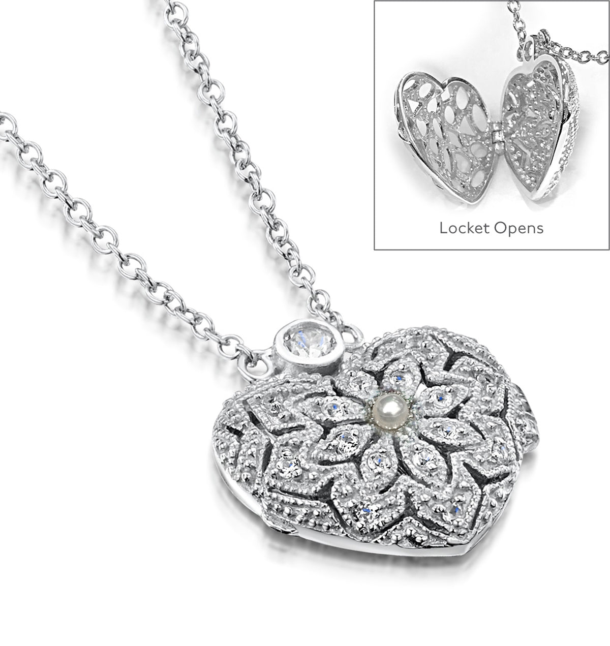Pearl June Birthstone Vintage Locket Necklace White Topaz in Silver