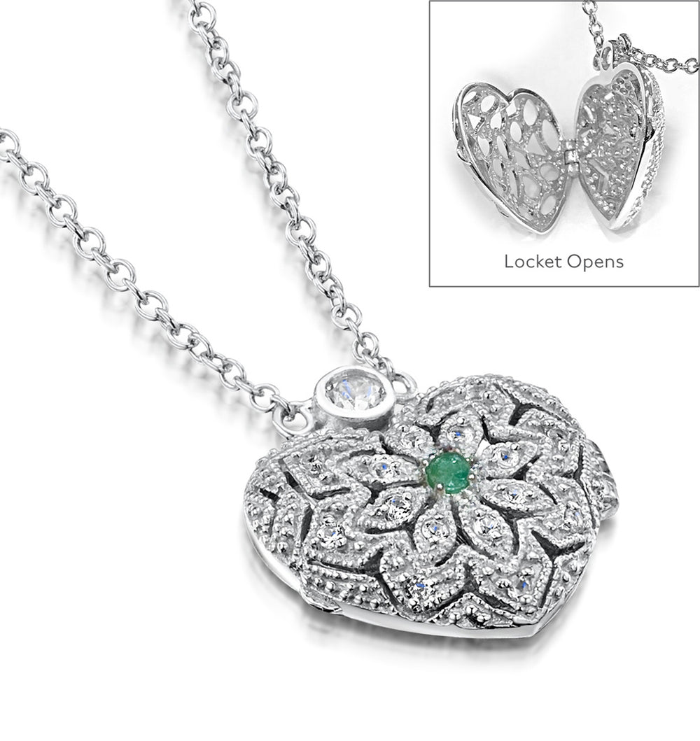 Emerald May Birthstone Vintage Locket Necklace White Topaz in Silver