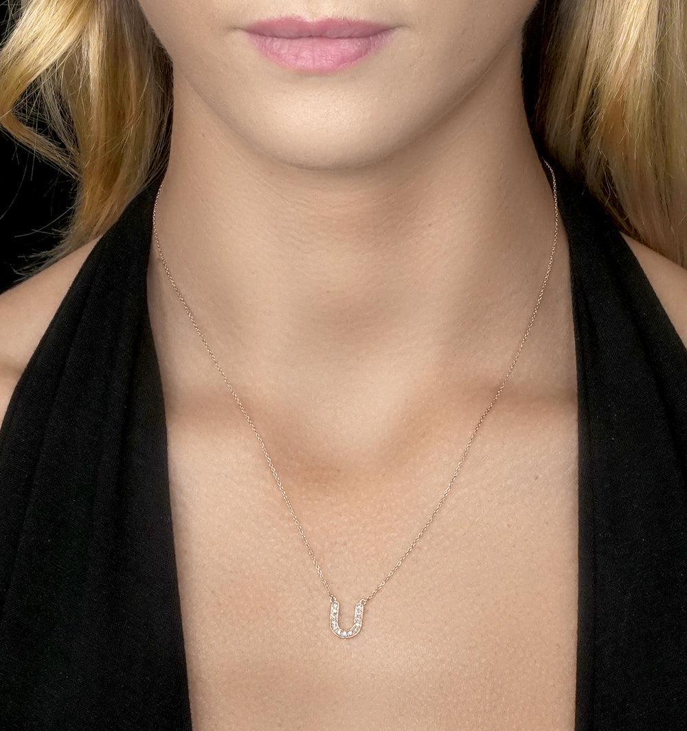 Initial 'U' Necklace Diamond Encrusted Pave Set in 9K Rose Gold