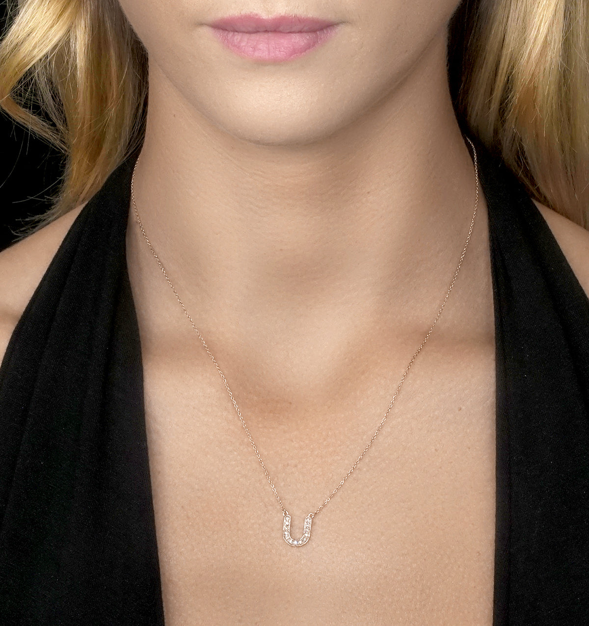 Initial 'U' Necklace Diamond Encrusted Pave Set in 9K Rose Gold