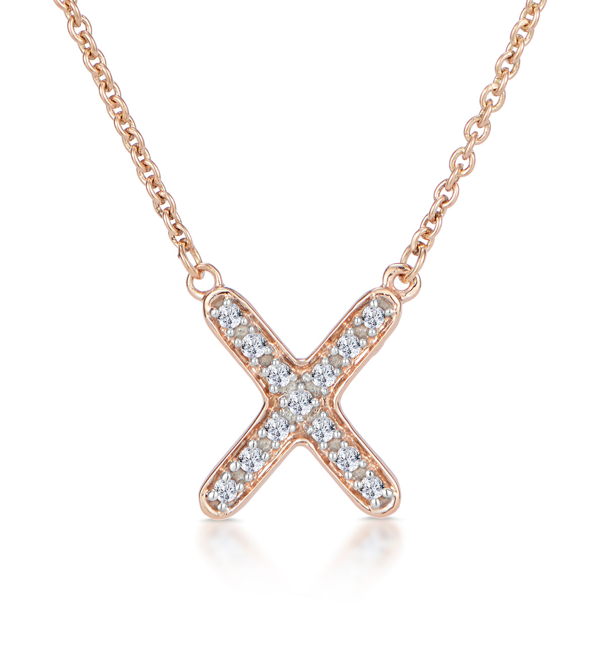 Initial 'X' Necklace Diamond Encrusted Pave Set in 9K Rose Gold
