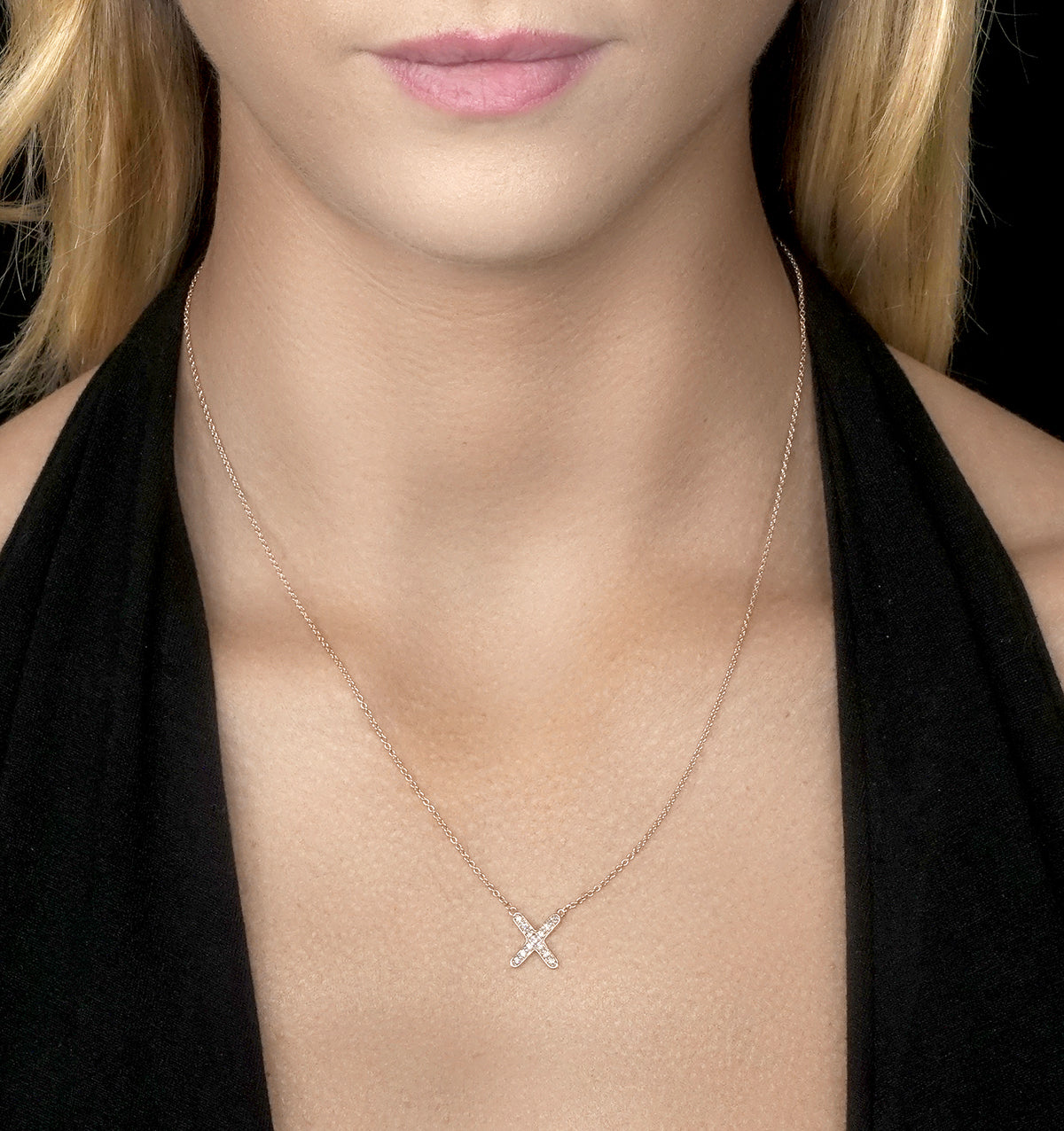 Initial 'X' Necklace Diamond Encrusted Pave Set in 9K Rose Gold