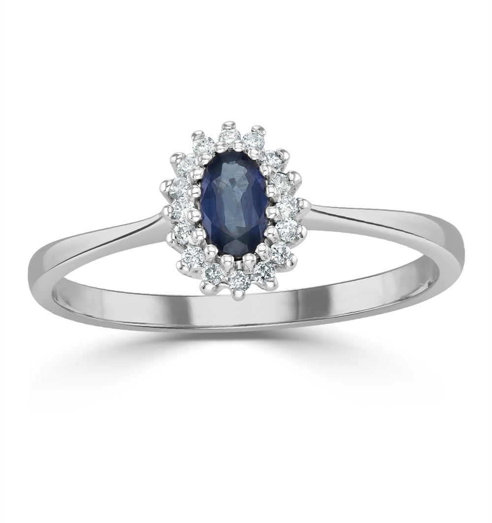 Sapphire 5 x 3mm And Diamond 9K White Gold Ring A4432