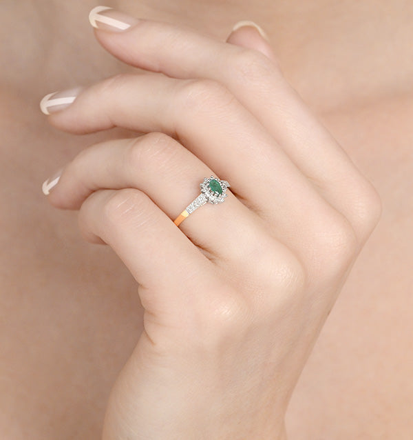 Emerald 5 x 3mm And Diamond 9K Gold Ring A3203