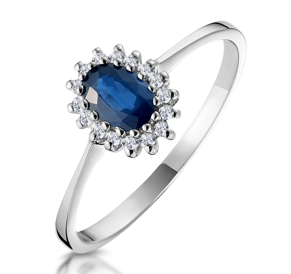 Sapphire 6 x 4mm And Diamond 9K White Gold Ring A3906