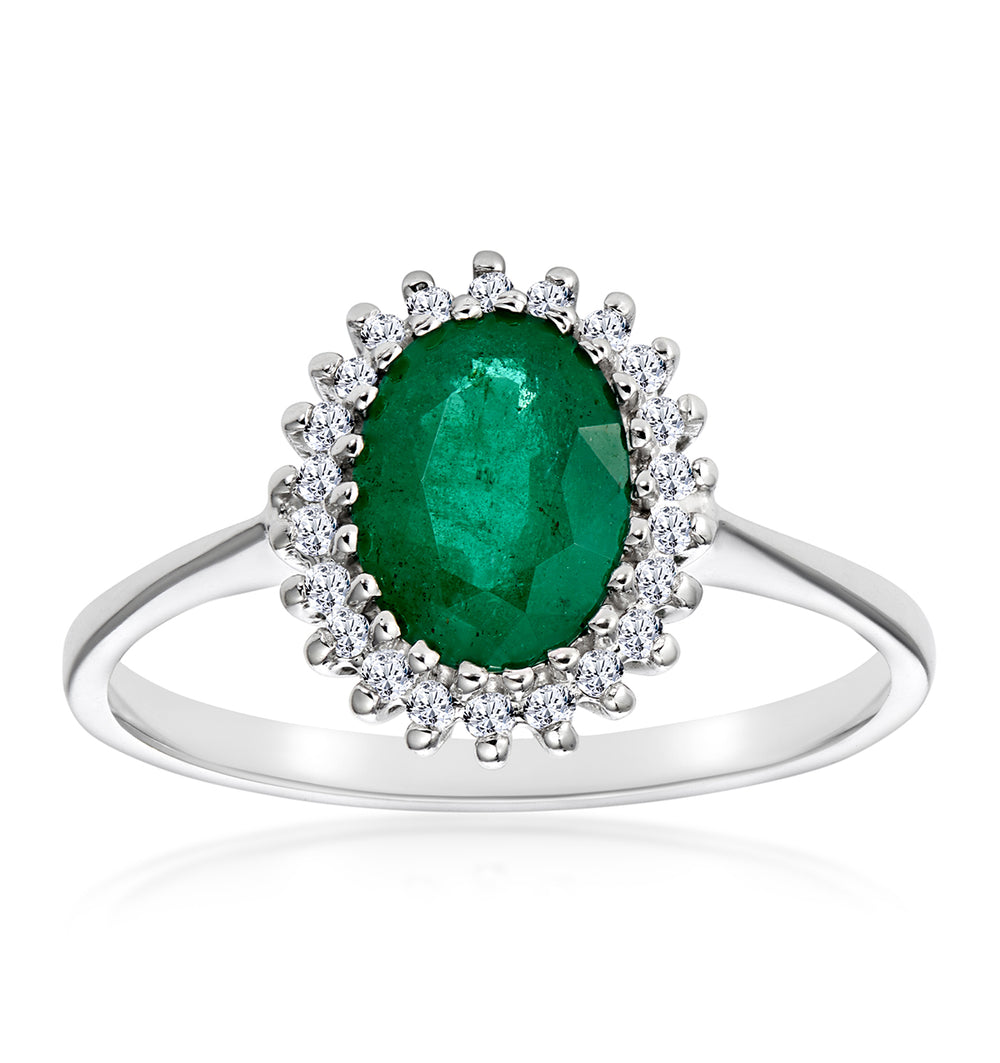 Emerald 8 x 6mm And Diamond 9K White Gold Ring