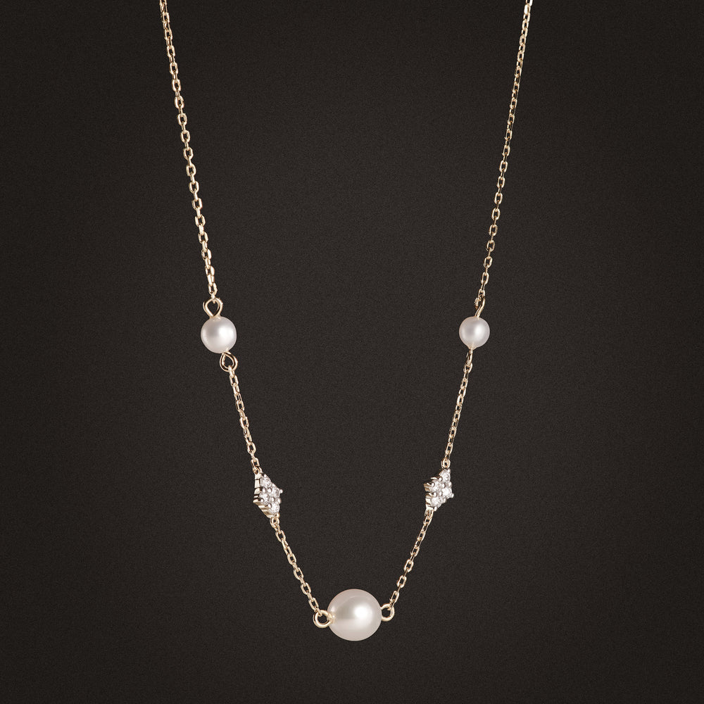 Eden 4mm and 6mm Round Pearls and Lab Diamond Station Necklace in 18K Gold Vermeil
