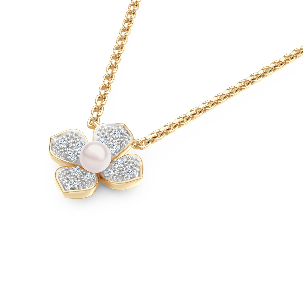 Eden 4mm Round Pearl and Lab Diamond Floral Necklace in 18K Gold Vermeil