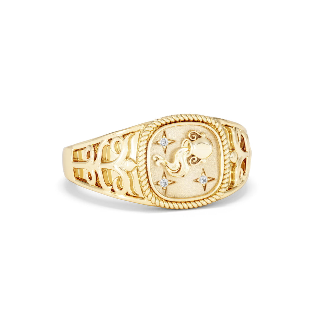 Aquarius Zodiac 0.01ct Lab Diamond Signet Ring in 18K Gold Vermeil