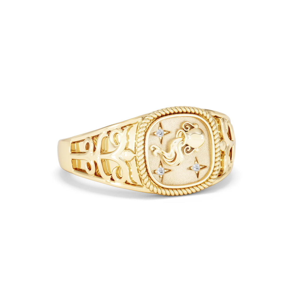 Aquarius Zodiac 0.01ct Lab Diamond Signet Ring in 18K Gold Vermeil