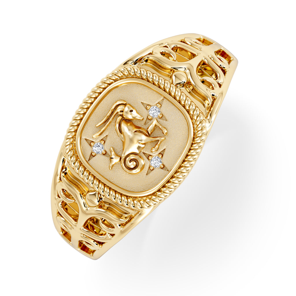 Capricorn Zodiac 0.01ct Lab Diamond Signet Ring in 18K Gold Vermeil