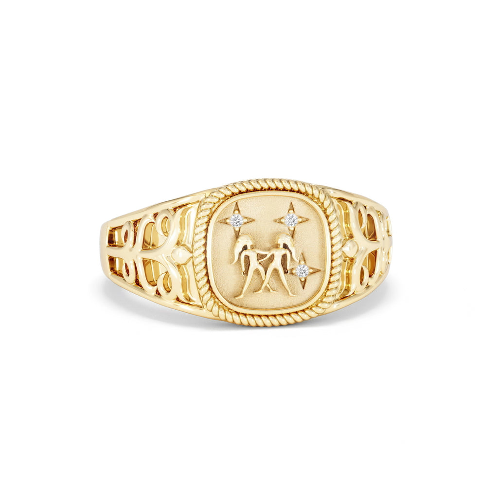 Gemini Zodiac 0.01ct Lab Diamond Signet Ring in 18K Gold Vermeil