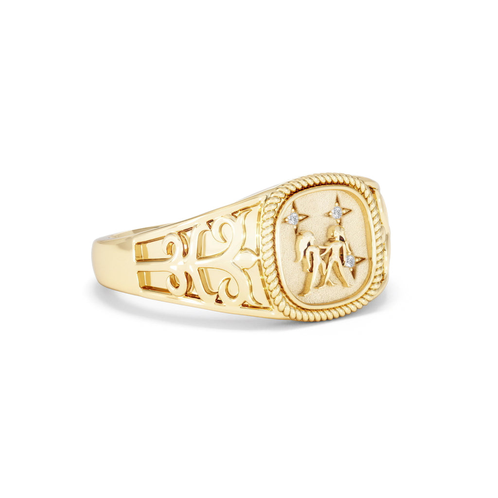 Gemini Zodiac 0.01ct Lab Diamond Signet Ring in 18K Gold Vermeil