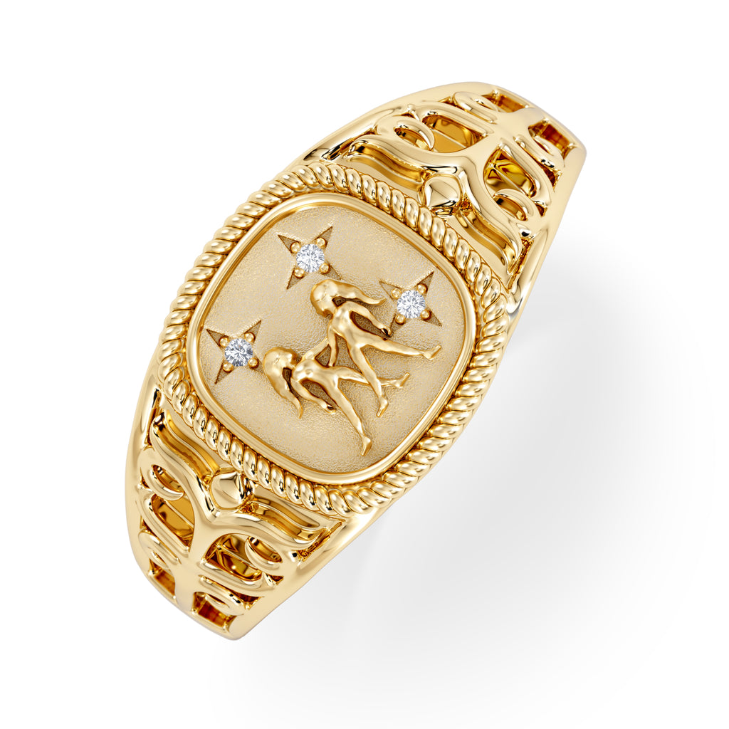 Gemini Zodiac 0.01ct Lab Diamond Signet Ring in 18K Gold Vermeil