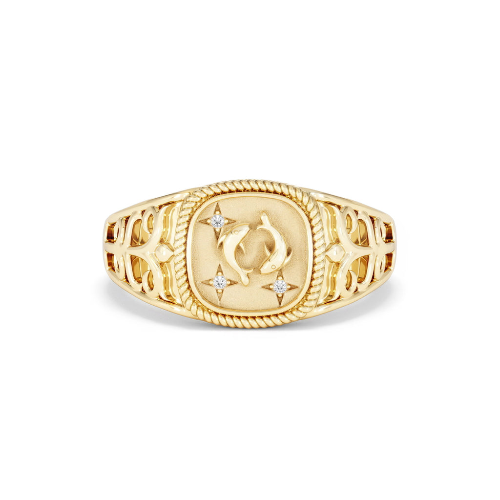 Pisces Zodiac 0.01ct Lab Diamond Signet Ring in 18K Gold Vermeil