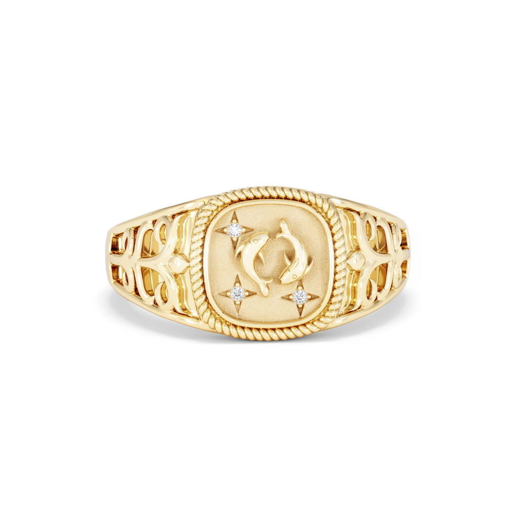 Pisces Zodiac 0.01ct Lab Diamond Signet Ring in 18K Gold Vermeil