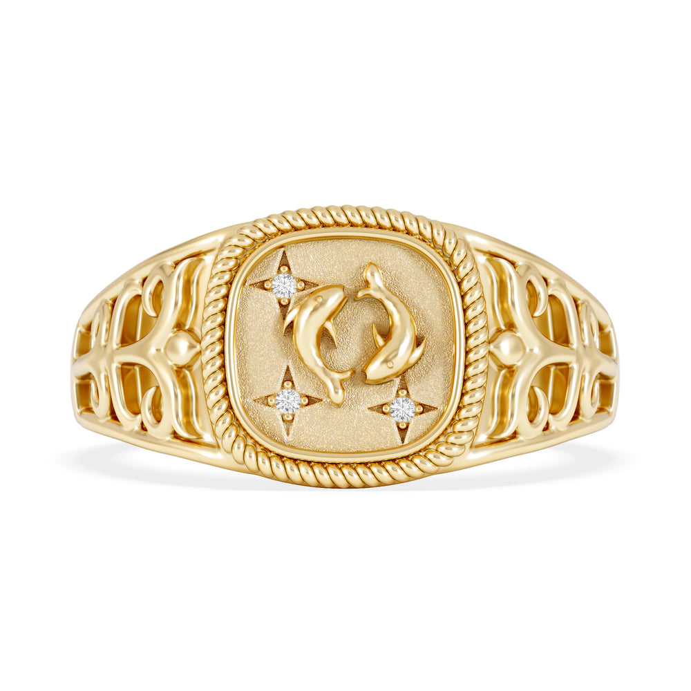 Pisces Zodiac 0.01ct Lab Diamond Signet Ring in 18K Gold Vermeil