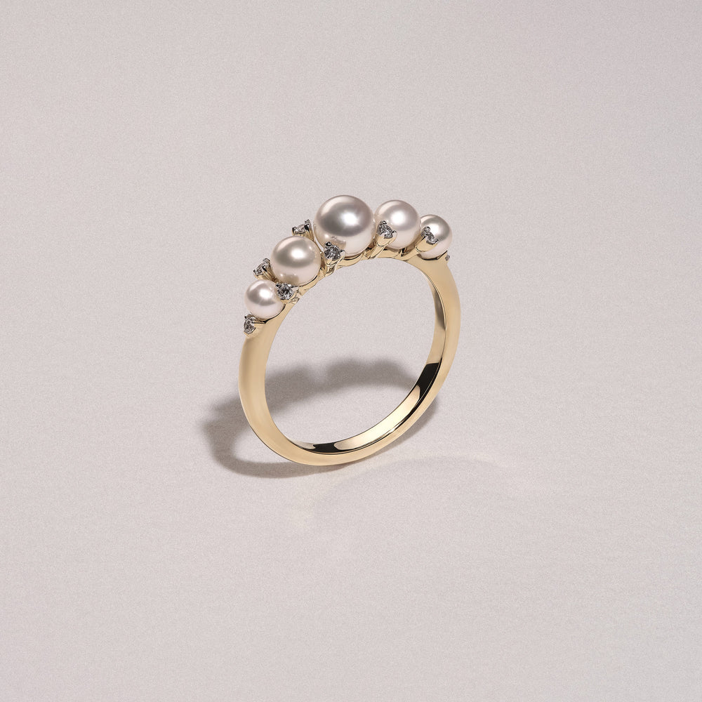 Eden 3mm, 4mm and 5mm Round Pearls and Lab Diamond 5 Stone Ring in 18K Gold Vermeil