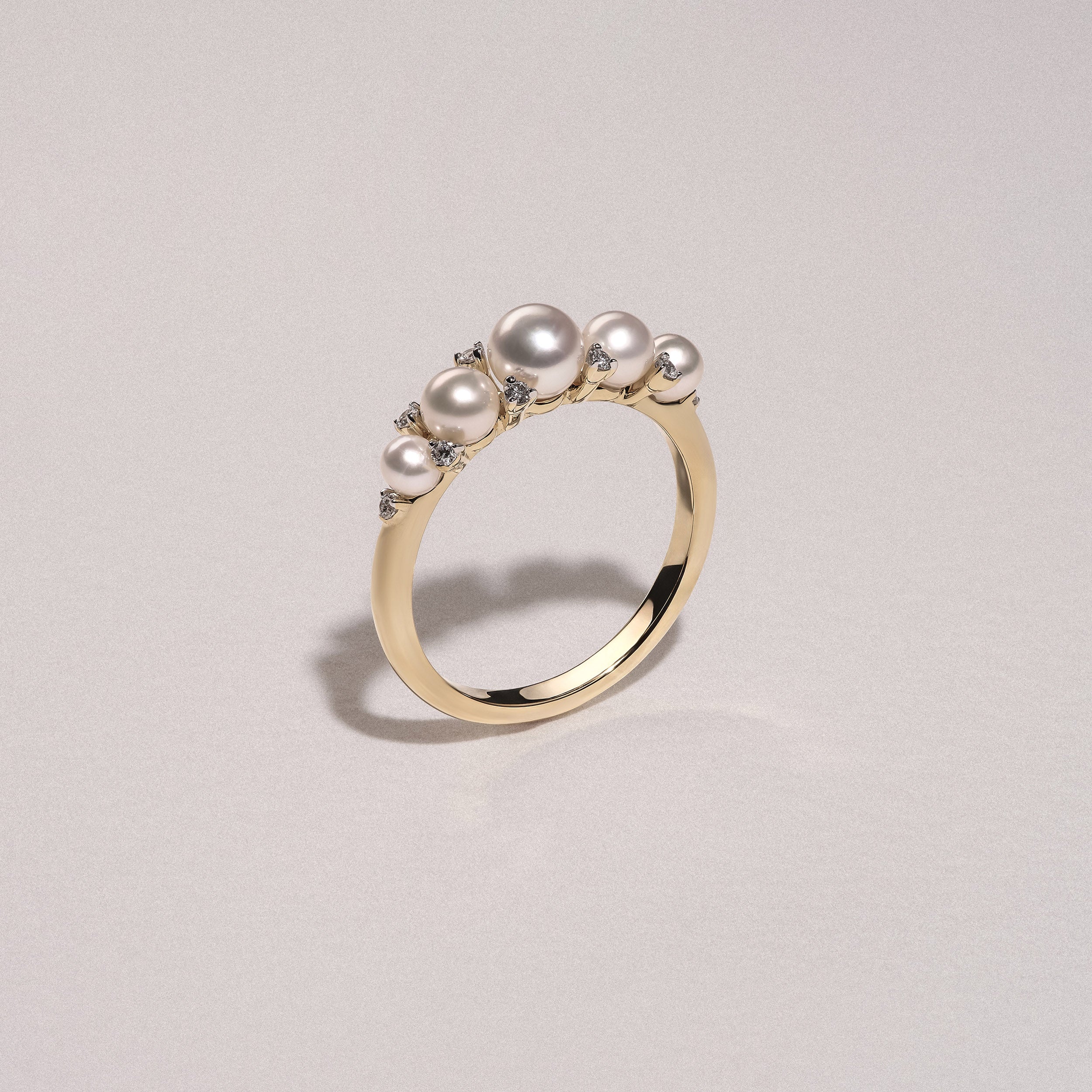 Eden 3mm, 4mm and 5mm Round Pearls and Lab Diamond 5 Stone Ring in 18K Gold Vermeil