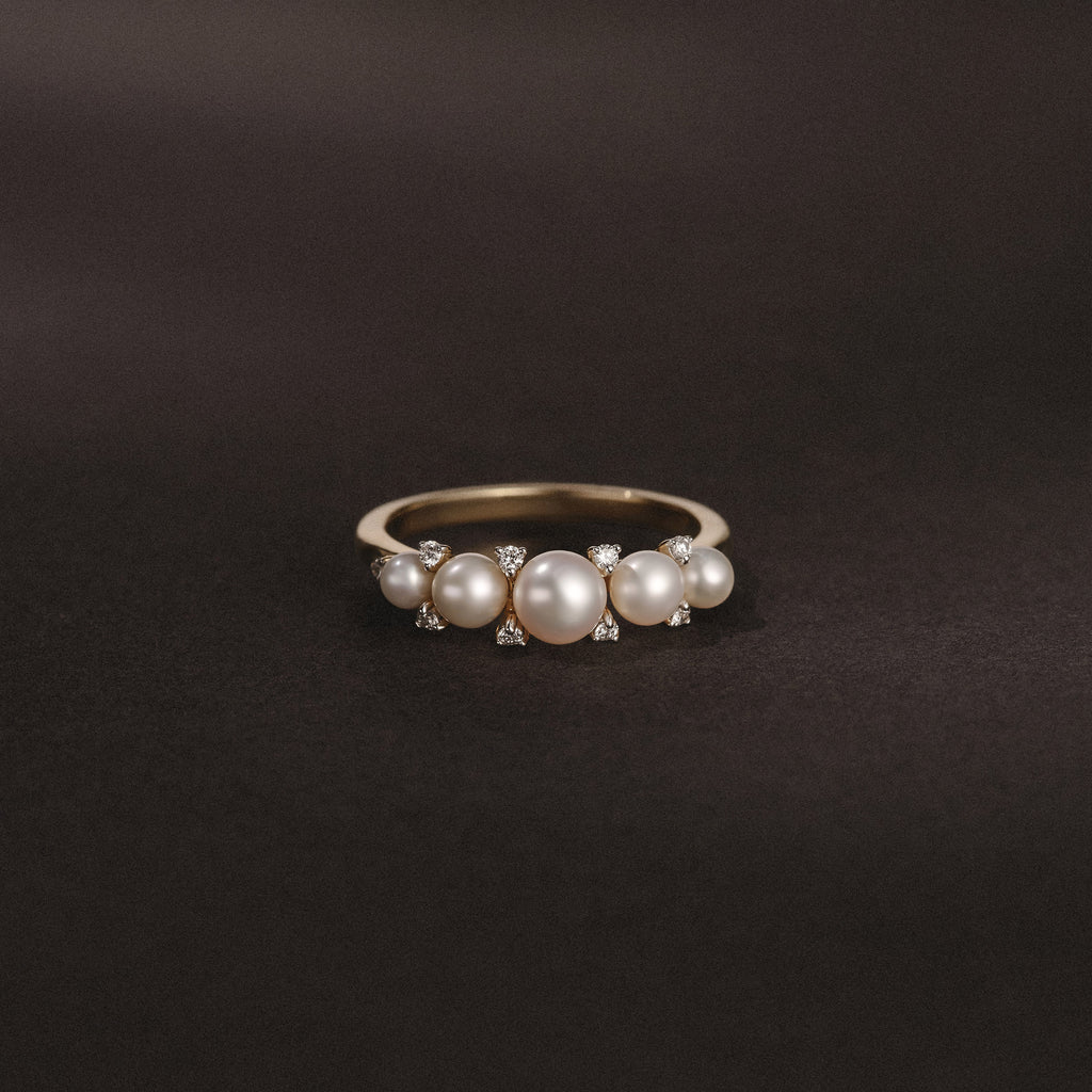 Eden 3mm, 4mm and 5mm Round Pearls and Lab Diamond 5 Stone Ring in 18K Gold Vermeil