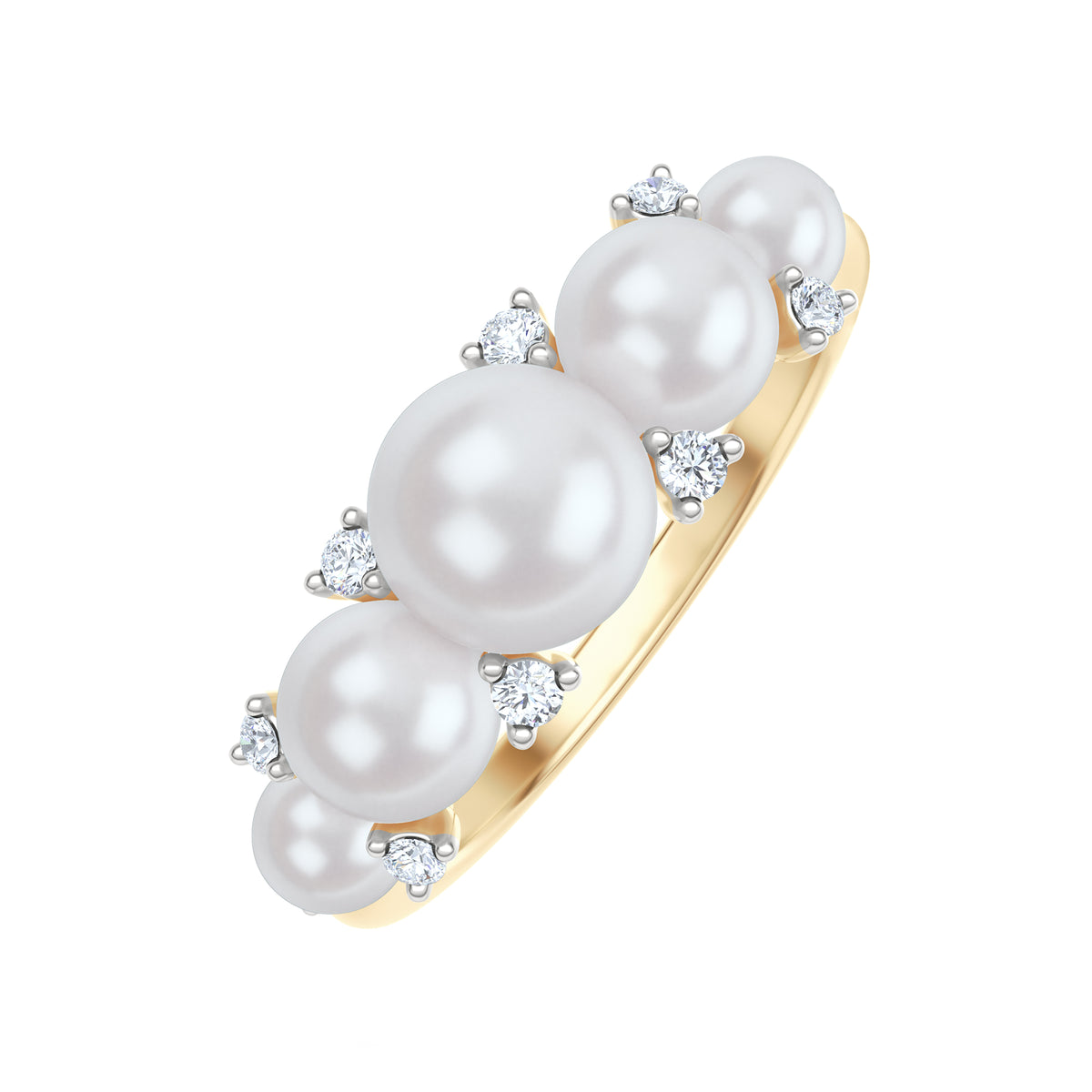 Eden 3mm, 4mm and 5mm Round Pearls and Lab Diamond 5 Stone Ring in 18K Gold Vermeil