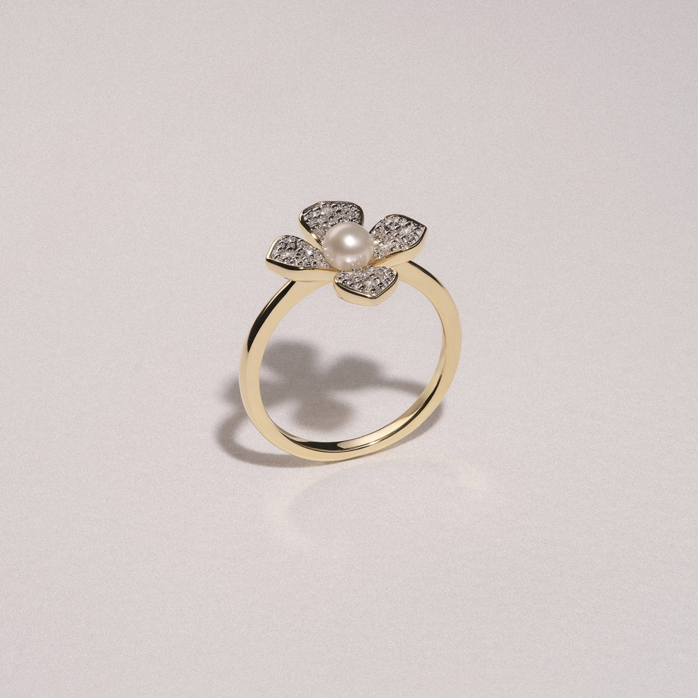 Eden 3mm Round Pearl and Lab Diamond Floral Ring in 18K Gold Vermeil