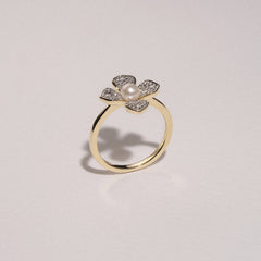 Eden 3mm Round Pearl and Lab Diamond Floral Ring in 18K Gold Vermeil