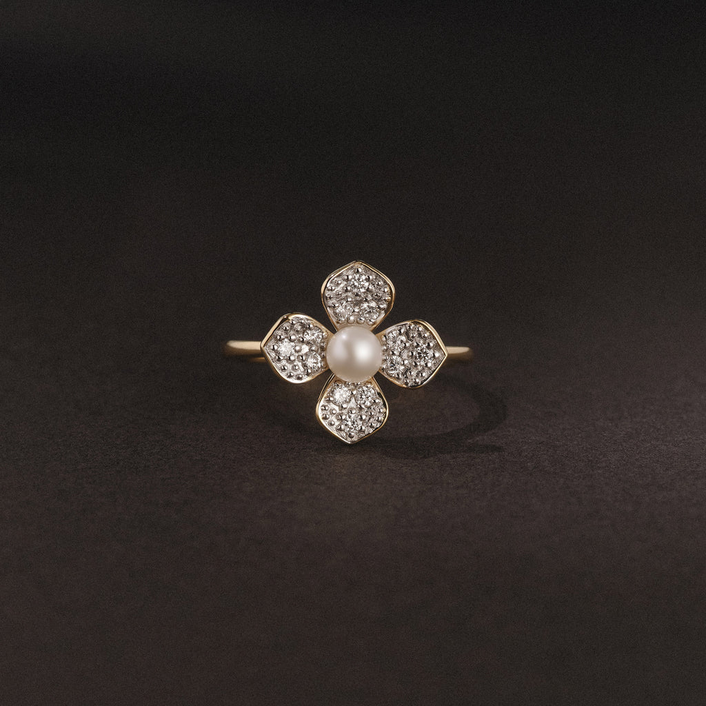 Eden 3mm Round Pearl and Lab Diamond Floral Ring in 18K Gold Vermeil