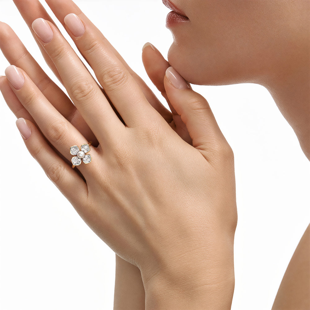 Eden 3mm Round Pearl and Lab Diamond Floral Ring in 18K Gold Vermeil