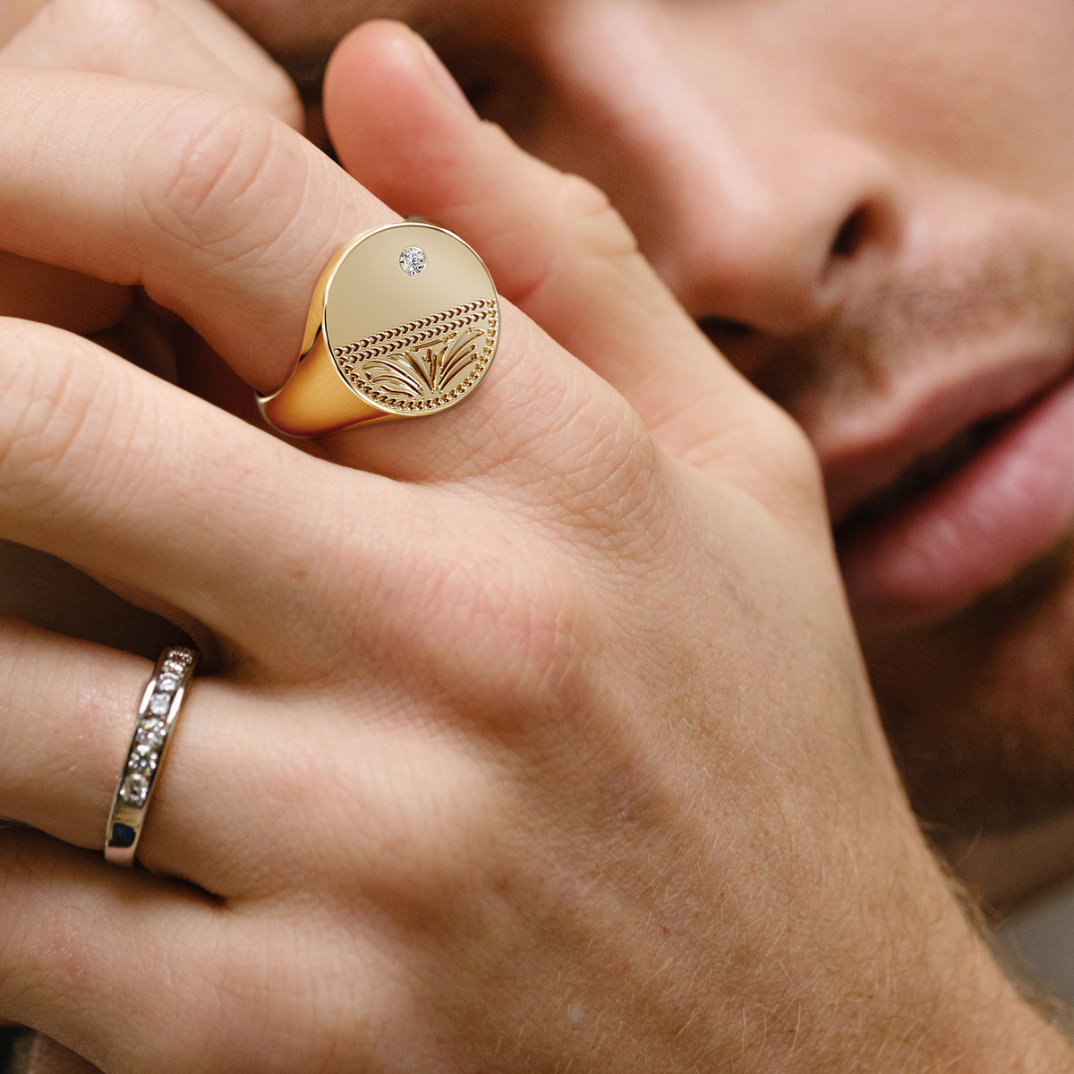 Crest 0.03ct Lab Diamond Men's Round Signet Ring in 18K Yellow Gold Vermeil