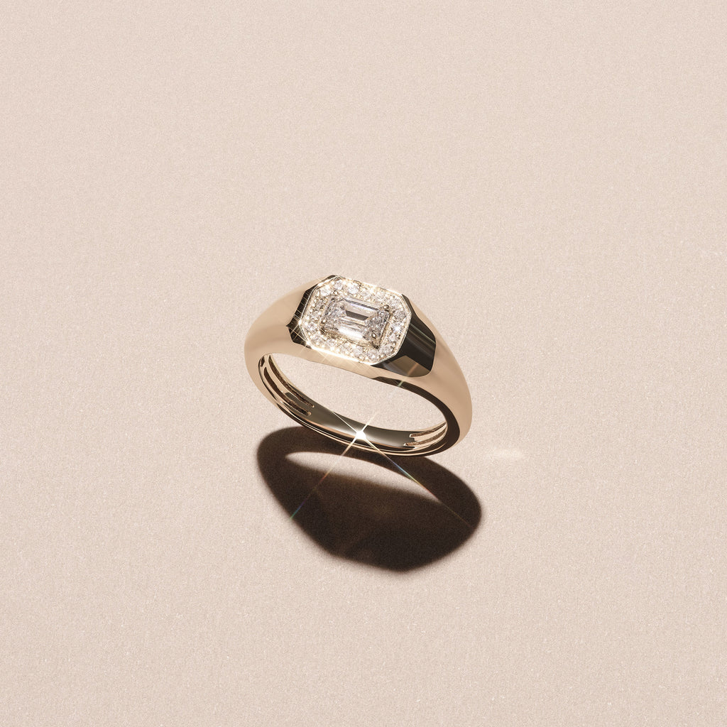 Men’s 0.62ct Emerald Cut Lab Diamond Halo Signet Ring in 18k Gold Vermeil