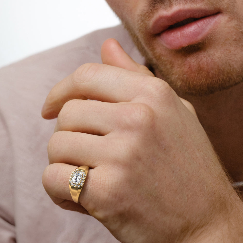 Men’s 0.62ct Emerald Cut Lab Diamond Halo Signet Ring in 18k Gold Vermeil
