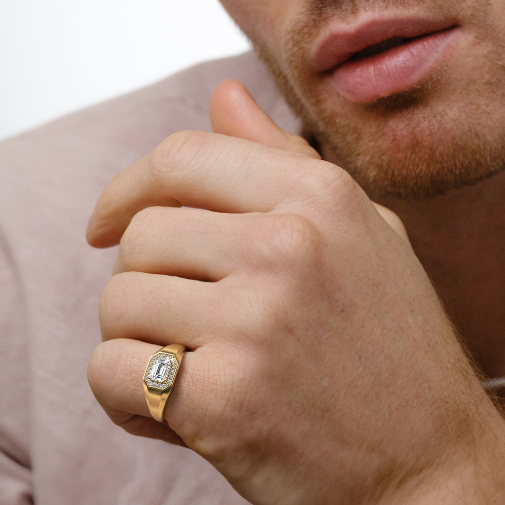 Men’s 0.62ct Emerald Cut Lab Diamond Halo Signet Ring in 18k Gold Vermeil