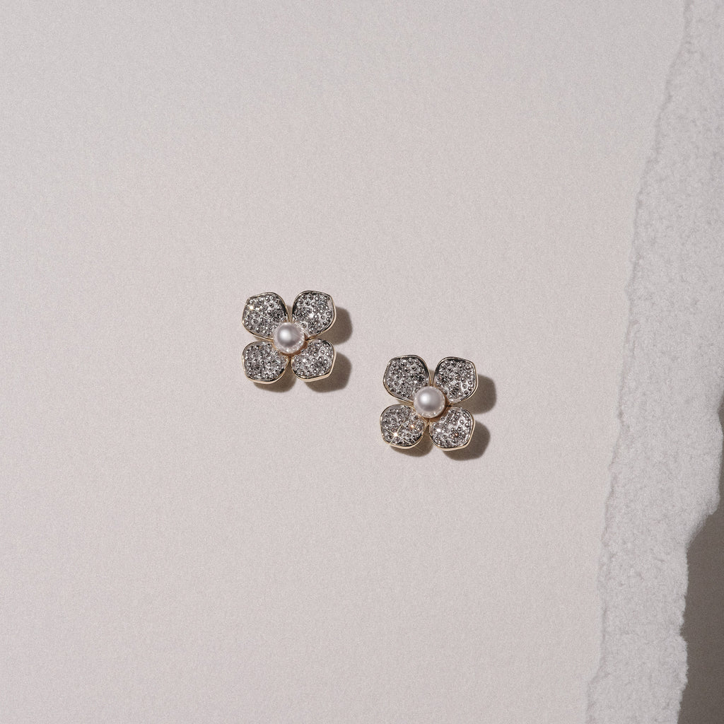 Eden 3.5mm Round Pearl and Lab Diamond Floral Stud Earrings in 18K Gold Vermeil