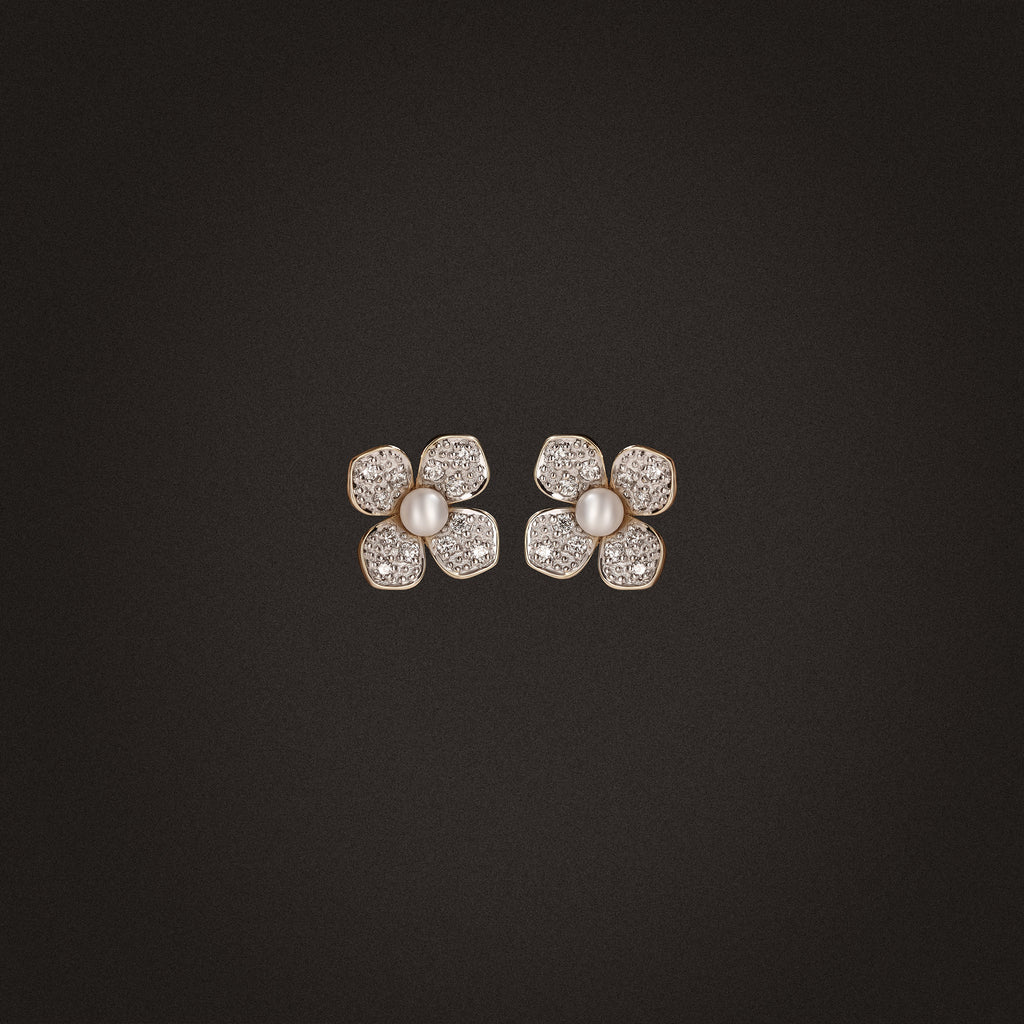 Eden 3.5mm Round Pearl and Lab Diamond Floral Stud Earrings in 18K Gold Vermeil