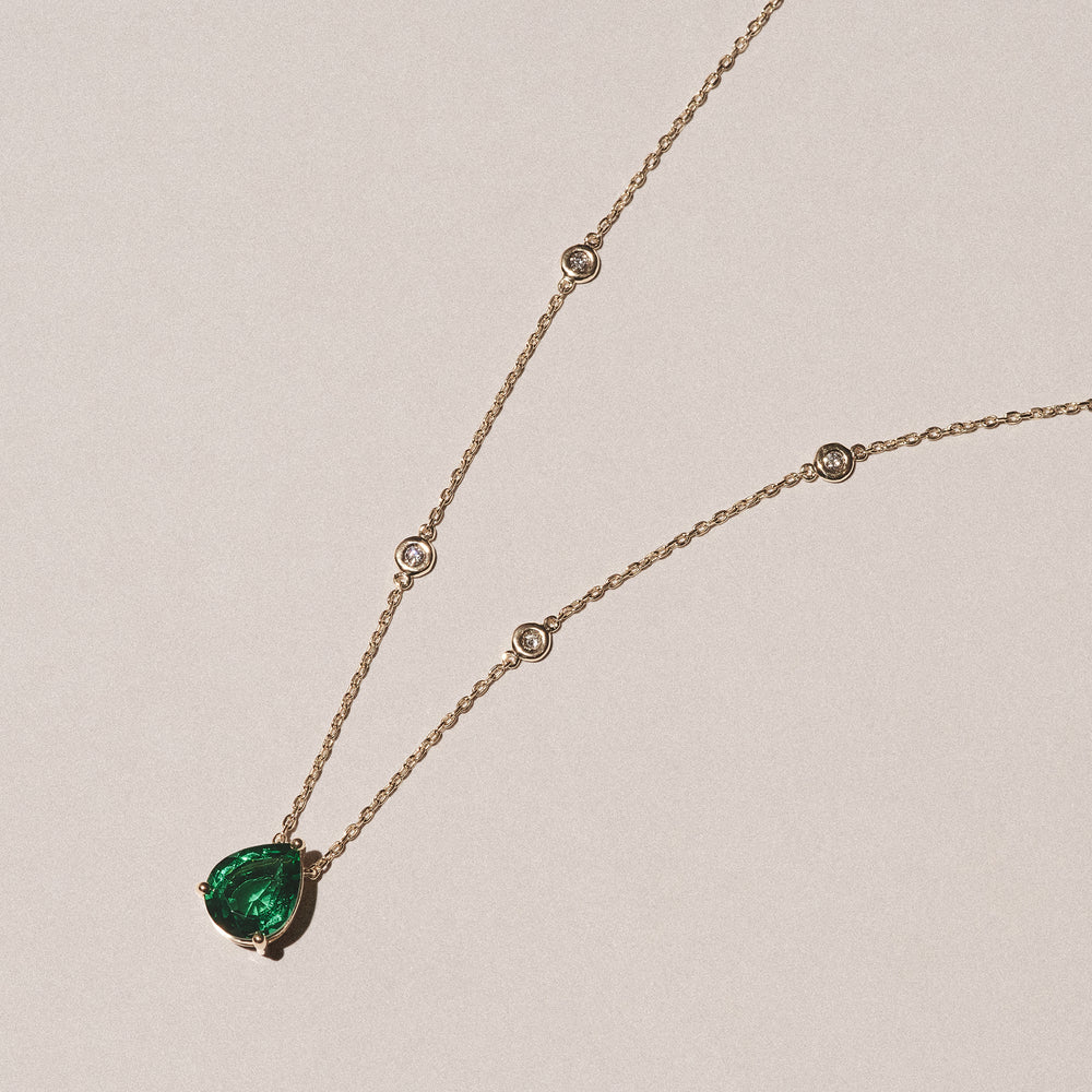 Astra 2.40ct Lab Emerald and Diamond Solitaire Pear Cut Necklace in 18K Gold Vermeil