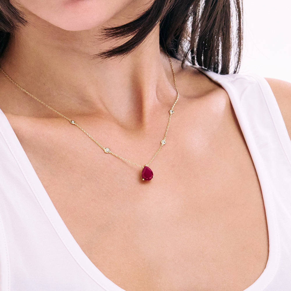 Astra 3.50ct Lab Ruby and Diamond Solitaire Pear Cut Necklace in 18K Gold Vermeil