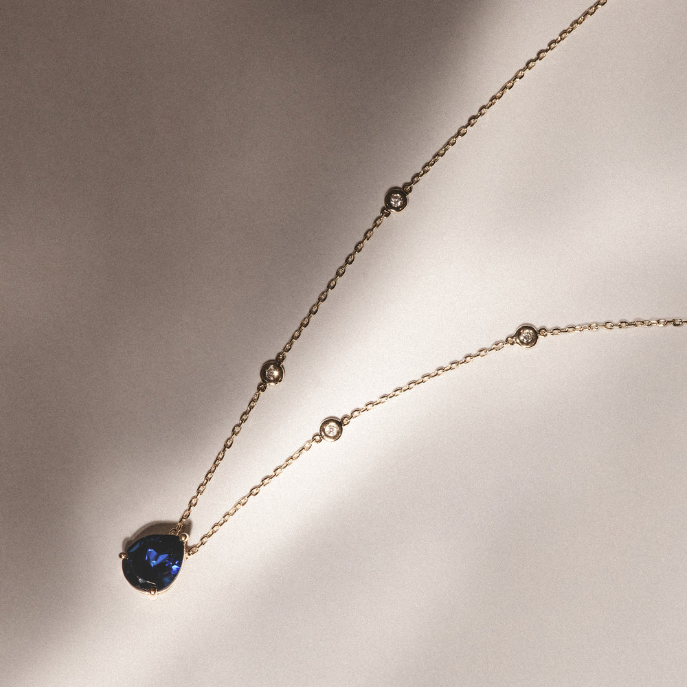 Astra 3.20ct Lab Sapphire and Diamond Solitaire Pear Cut Necklace in 18K Gold Vermeil