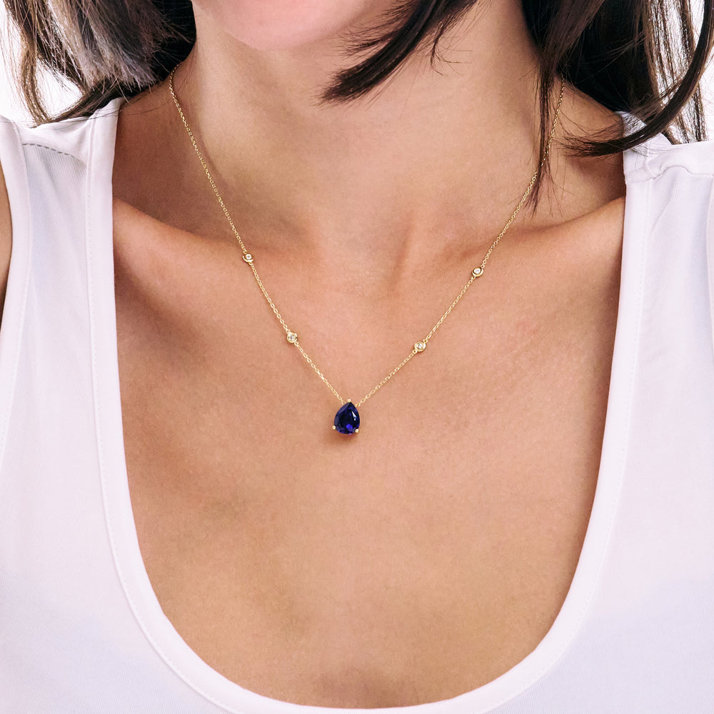 Astra 3.20ct Lab Sapphire and Diamond Solitaire Pear Cut Necklace in 18K Gold Vermeil