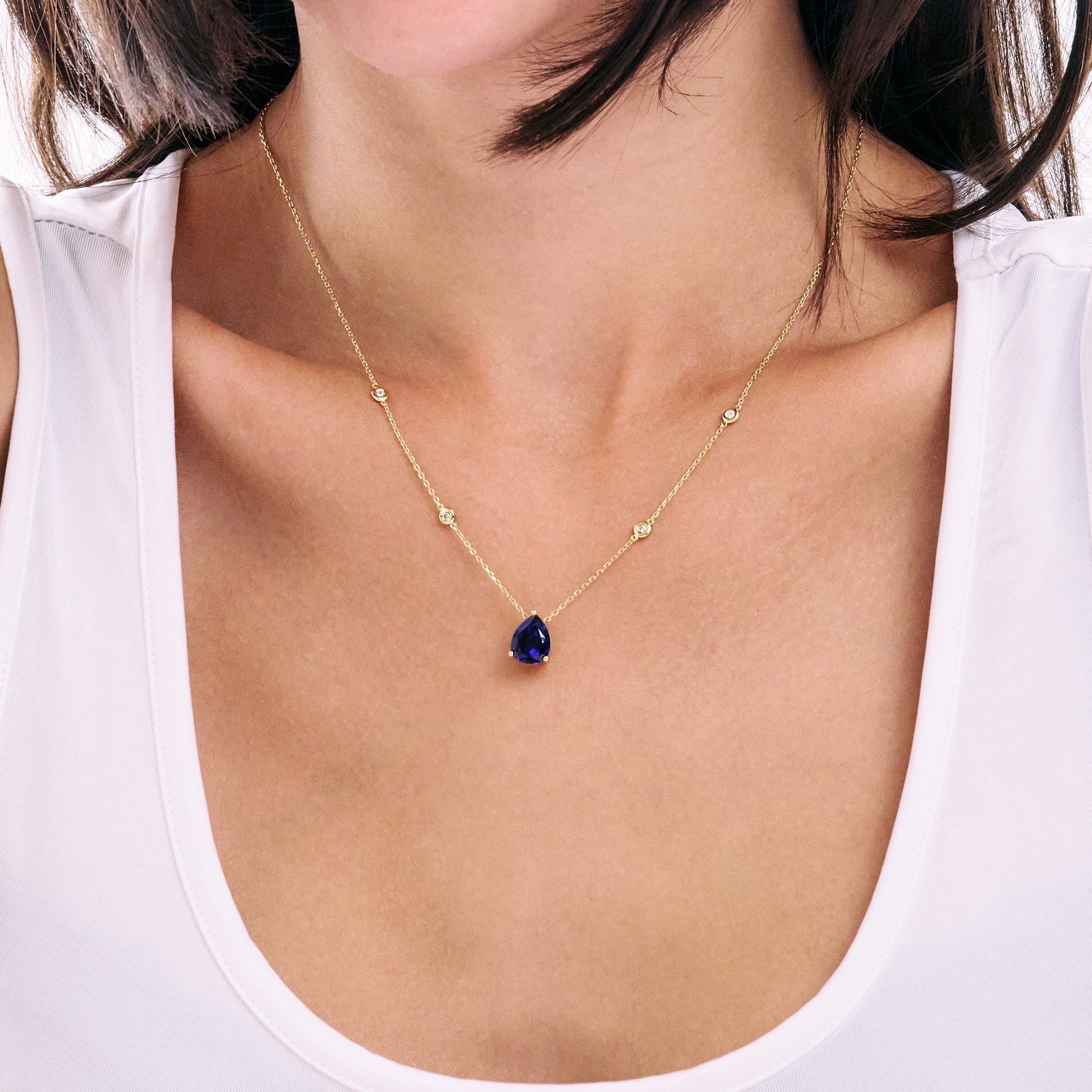 Astra 3.20ct Lab Sapphire and Diamond Solitaire Pear Cut Necklace in 18K Gold Vermeil
