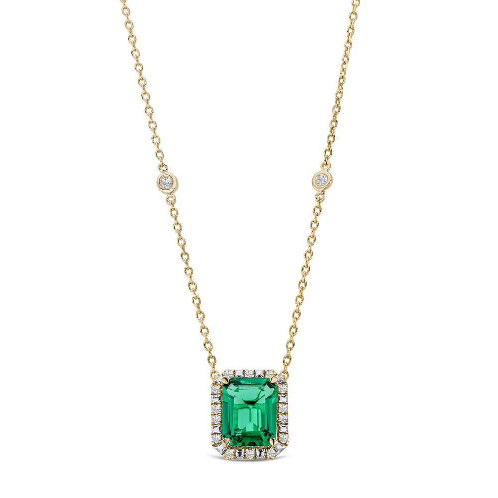 Astra 1.50ct Lab Emerald and Diamond Halo Octagon Cut Necklace in 18K Gold Vermeil