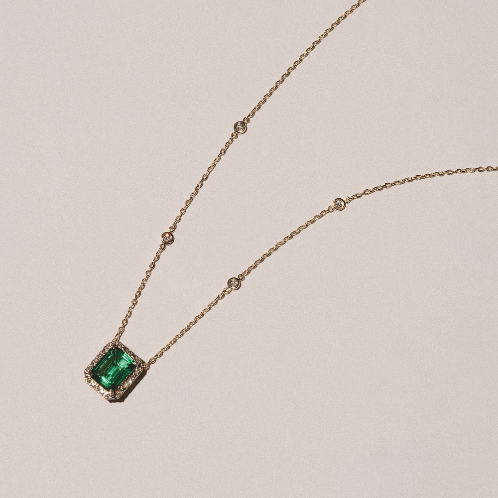 Astra 1.50ct Lab Emerald and Diamond Halo Octagon Cut Necklace in 18K Gold Vermeil