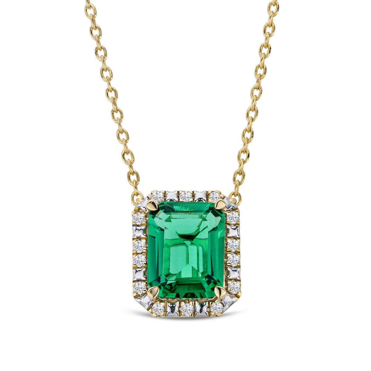 Astra 1.50ct Lab Emerald and Diamond Halo Octagon Cut Necklace in 18K Gold Vermeil