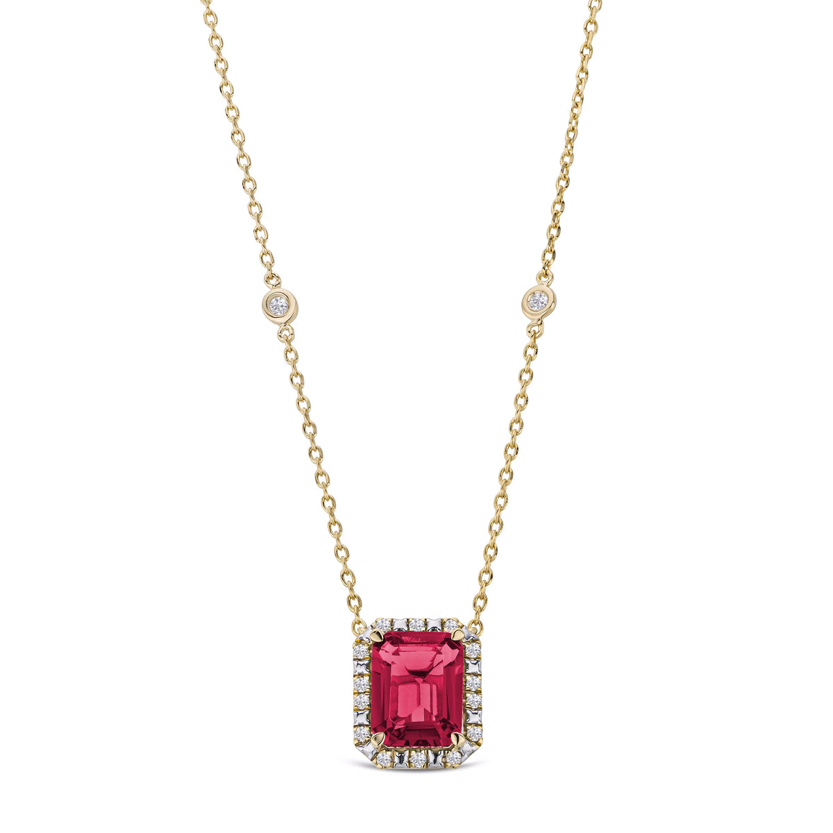 Astra 1.80ct Lab Ruby and Diamond Halo Octagon Cut Necklace in 18K Gold Vermeil